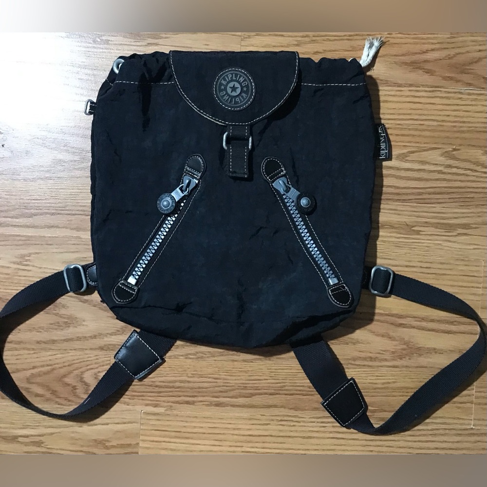 Kipling Black Nylon Cinch Backpack / Bookbag w Wristlet